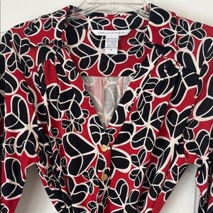 Diane Von Furstenberg Red and Black Floral Long Sleeve Dress, 10